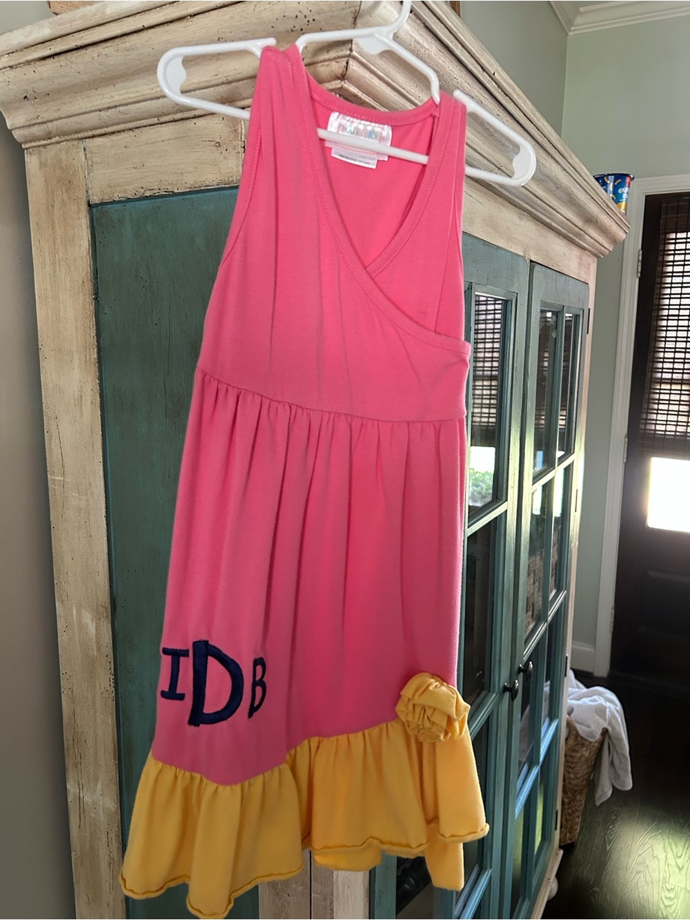 Girls' Pink Sleeveless Ruffle-Hem Casual Dress with Yellow Trim